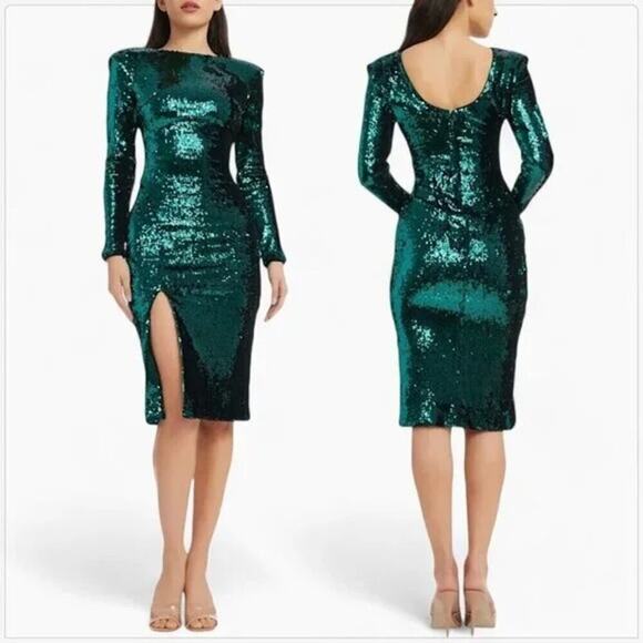 DRESS THE POPULATION Natalie Midi Dress Deep Emerald Green Sequin Size M NWT - Picture 1 of 9